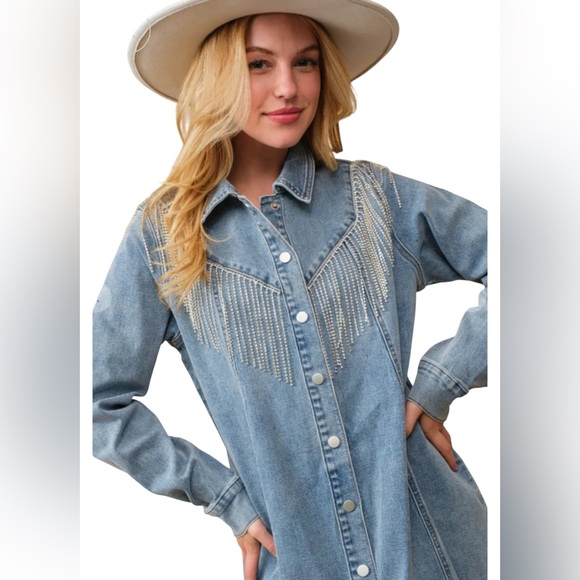 NEW blue b Washed Rhinestone Chevron Fringe Long Sleeve Denim Jean Mini Dress - Picture 2 of 4